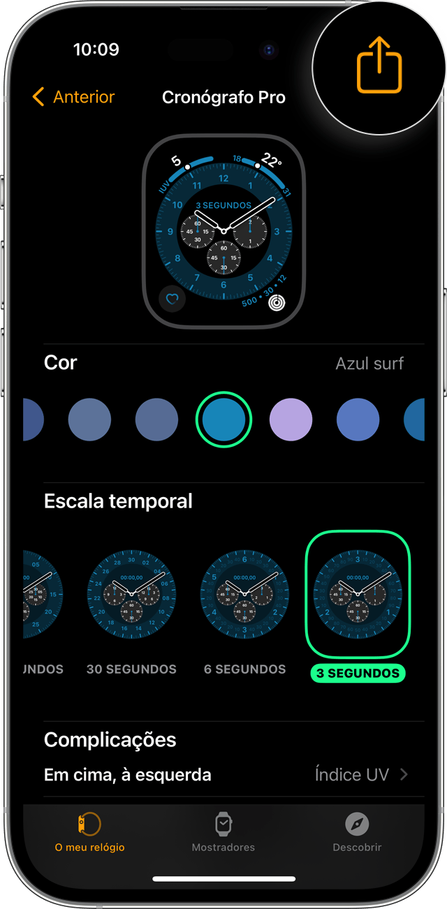 App Apple Watch no iPhone a mostrar o botão Partilhar na seleção do mostrador do relógio