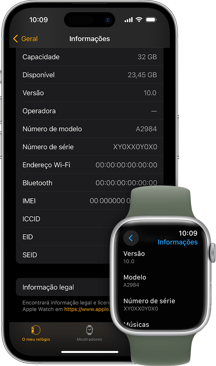 iPhone e Apple Watch a mostrarem o ecrã Informações e o número de série