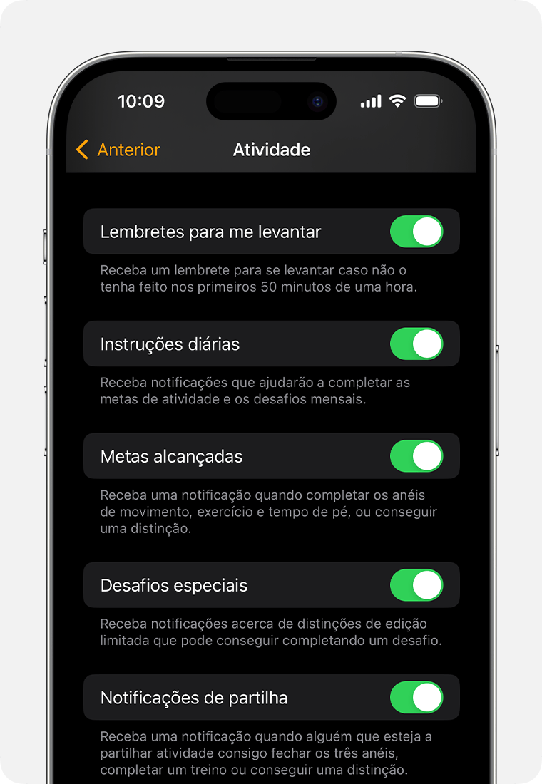 Um ecrã do iPhone a mostrar as opções de notificações e lembretes de atividade