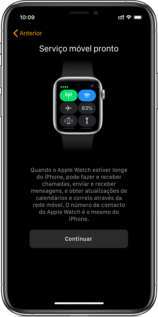 Ecrã de configuração de rede móvel no iPhone a mostrar que a rede móvel está pronta a ser utilizada no Apple Watch.