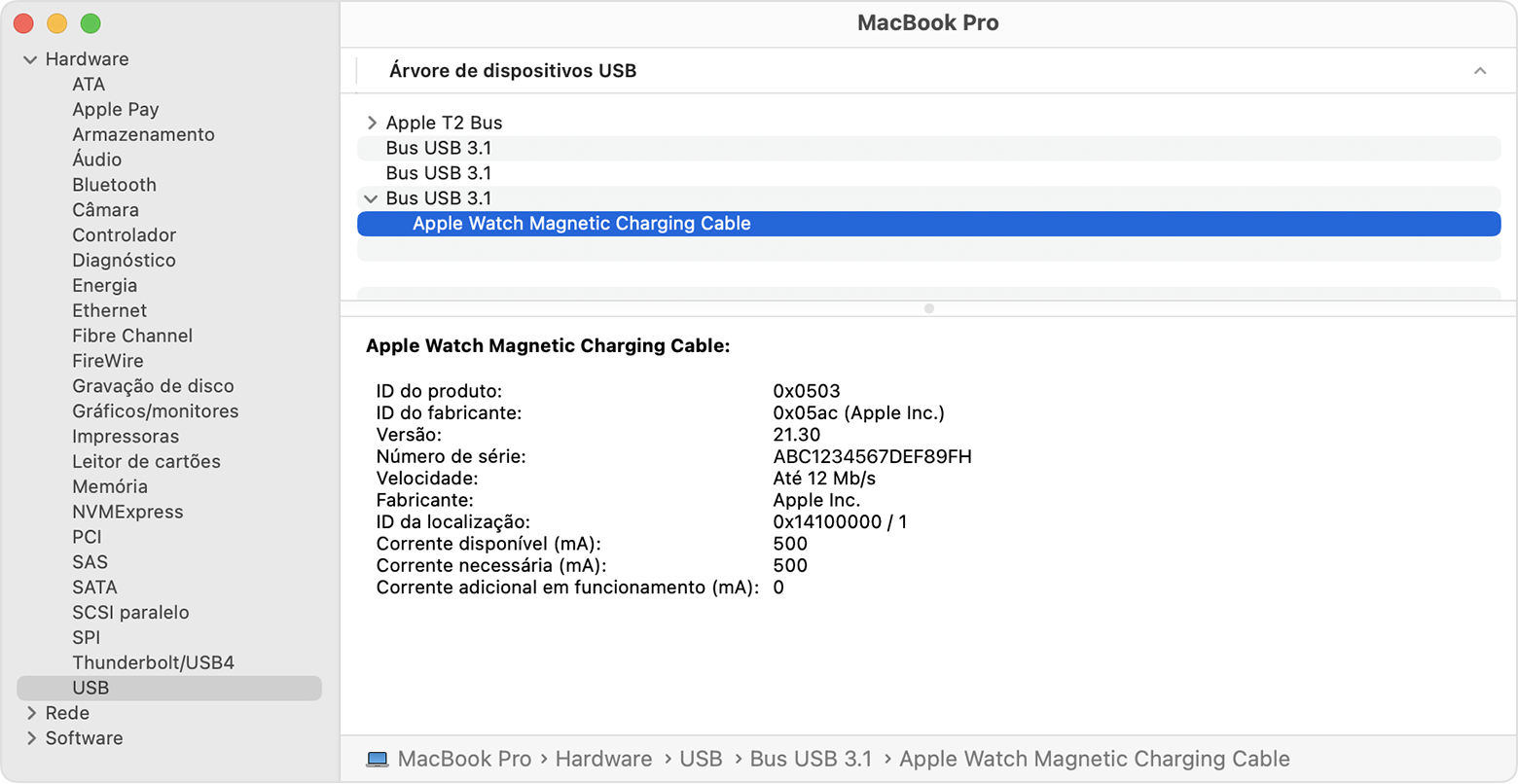 Relatório do sistema do MacBook Pro a mostrar detalhes do fabricante do Cabo de carregamento magnético para Apple Watch