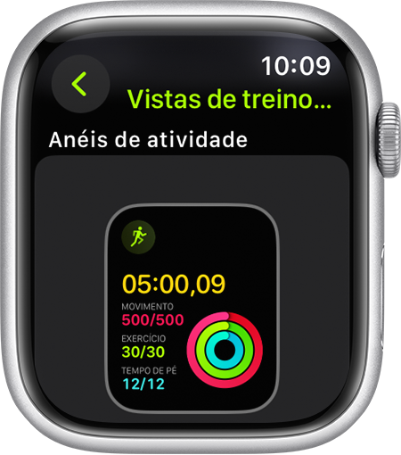 Um Apple Watch a mostrar o progresso dos anéis de atividade durante uma corrida.