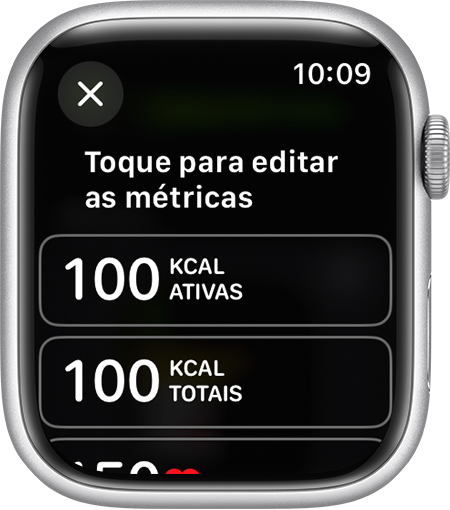 As métricas disponíveis para editar para uma Vista de treino no Apple Watch.