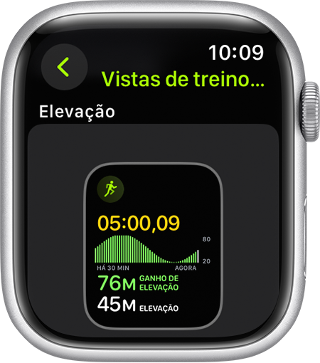 Um Apple Watch a mostrar a métrica de elevação durante uma corrida.