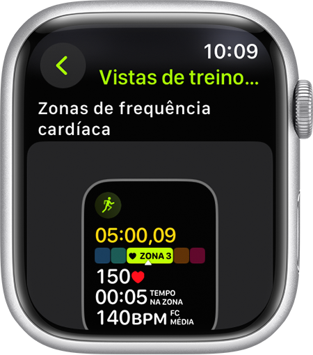 Um Apple Watch a mostrar a métrica da zona de frequência cardíaca durante uma corrida.