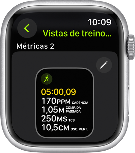 Um Apple Watch a mostrar métricas de corrida durante uma corrida.