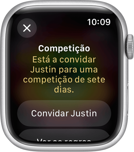 Ecrã do Apple Watch a mostrar como enviar um convite para iniciar uma competição