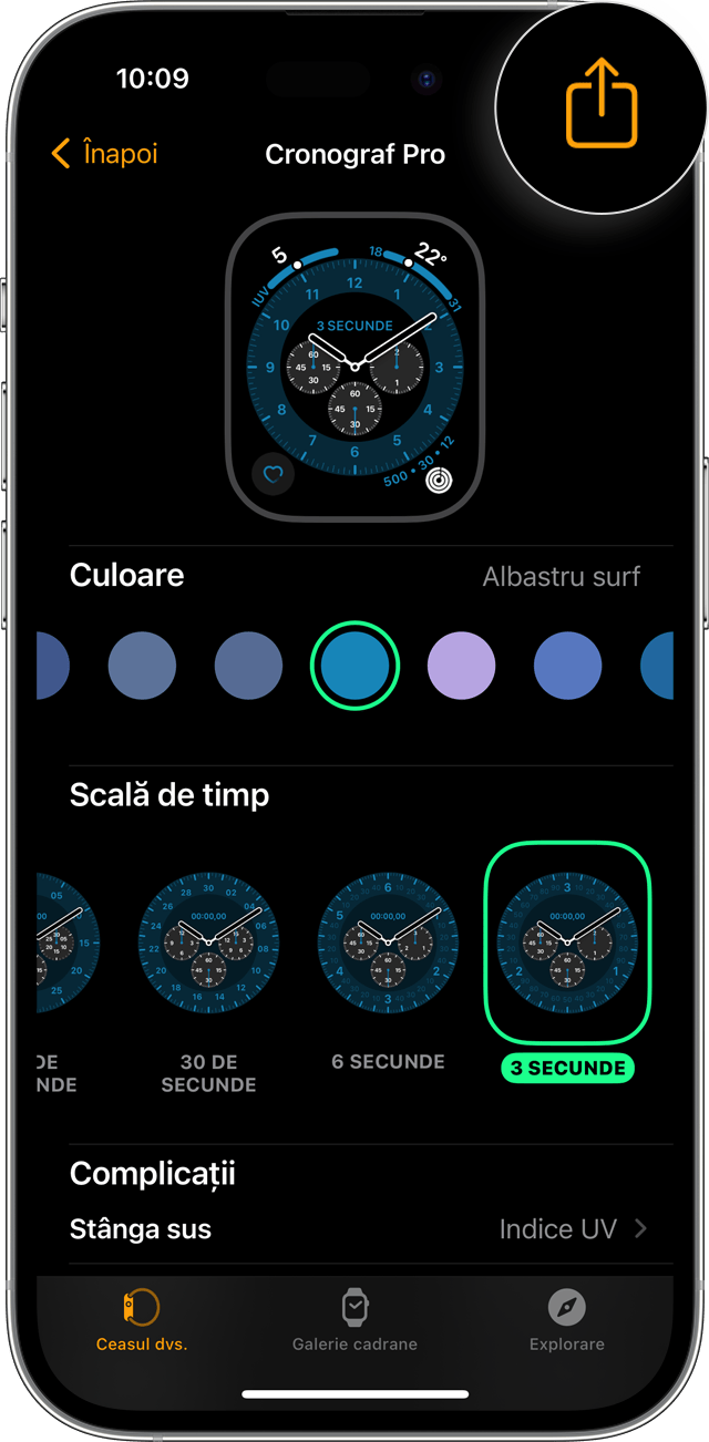Aplicația Watch pe iPhone afișând butonul Partajați pe selecția de fețe de ceas