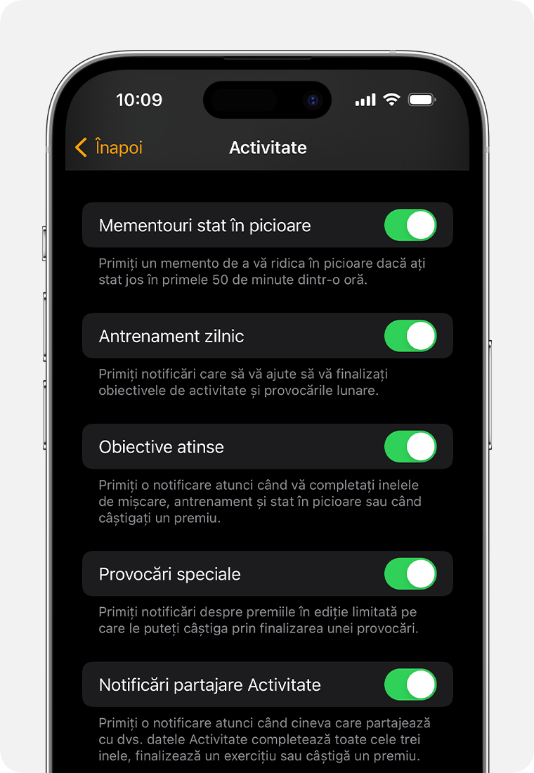 Ecranul unui iPhone care afișează opțiunile pentru notificările și mementourile din Activitate