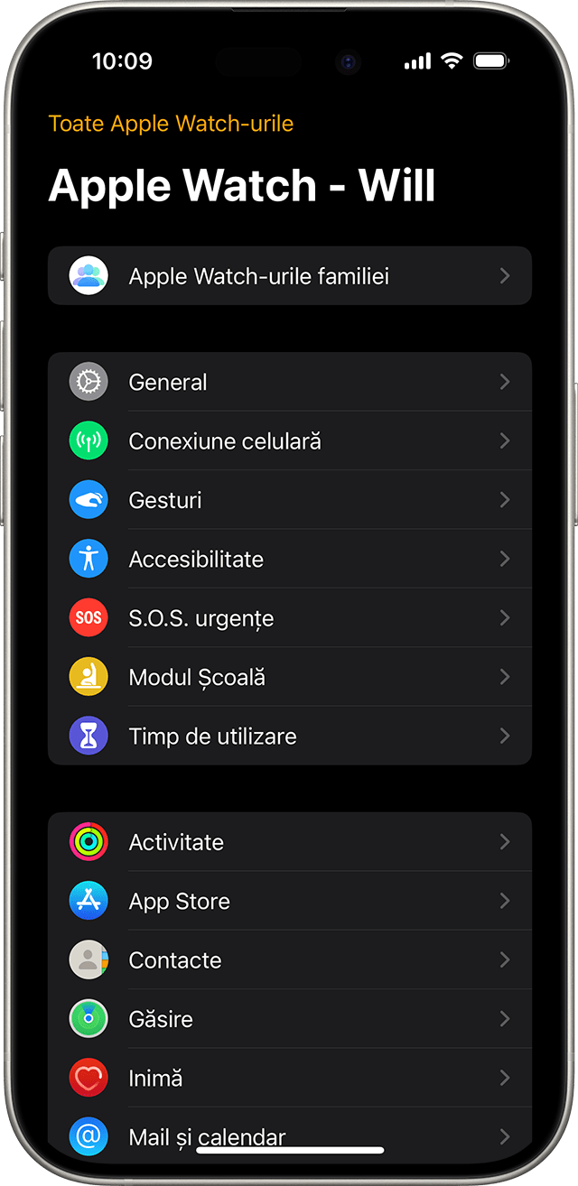 Dispozitiv iPhone afișând ecranul Configurări pentru un Apple Watch gestionat