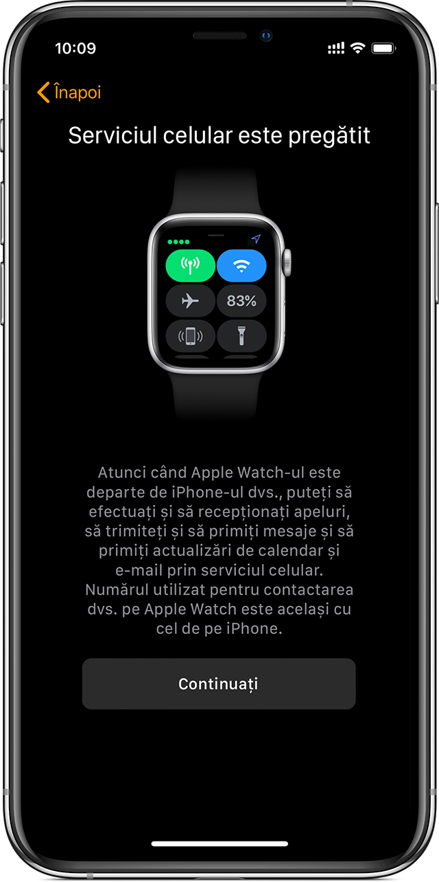 Ecran de configurare a rețelei celulare pe iPhone, afișând rețeaua celulară pregătită pentru a fi utilizată pe Apple Watch.