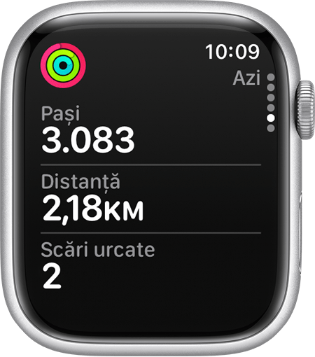 Pașii actuali, Distanța și Scările urcate în aplicația Activitate pe Apple Watch.