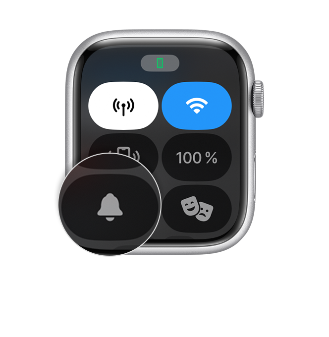Centru de control de pe Apple Watch care afișează o modul silențios.