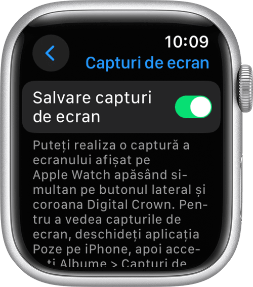 Configurarea Salvare capturi de ecran în aplicația Configurări pe Apple Watch