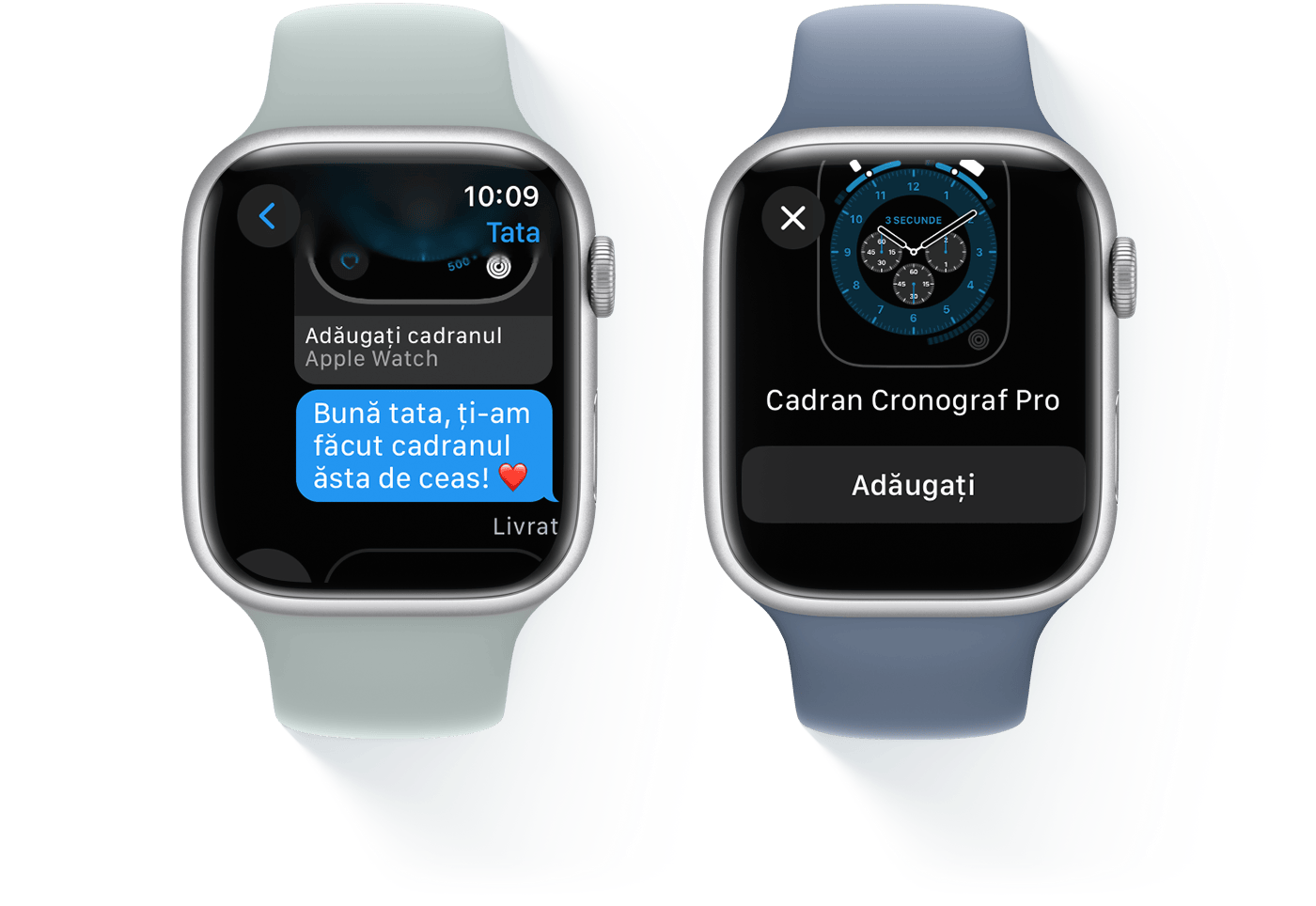 Două dispozitive Apple Watch, unul afișând o conversație prin mesaje text și celălalt afișând Chronograph Pro Face
