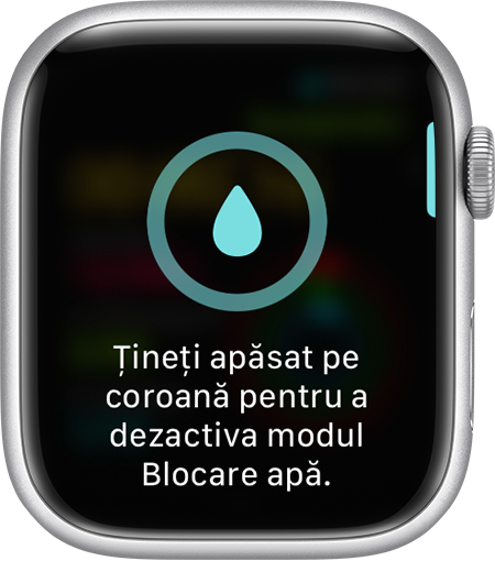 Solicitare de dezactivare a funcției Blocare apă pe ecranul unui Apple Watch