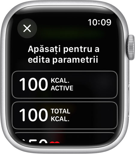 Măsurătorile disponibile spre editare pentru o Vizualizare exercițiu pe Apple Watch.