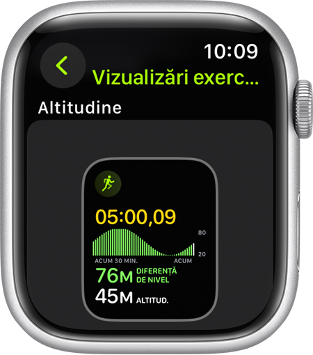 Un dispozitiv Apple Watch afișând măsurătoarea Altitudine în timpul unei alergări.