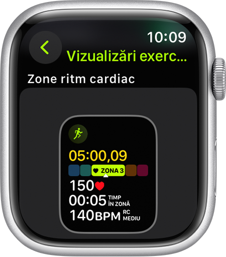 Un dispozitiv Apple Watch afișând măsurătoarea Zone ritm cardiac în timpul unei alergări.