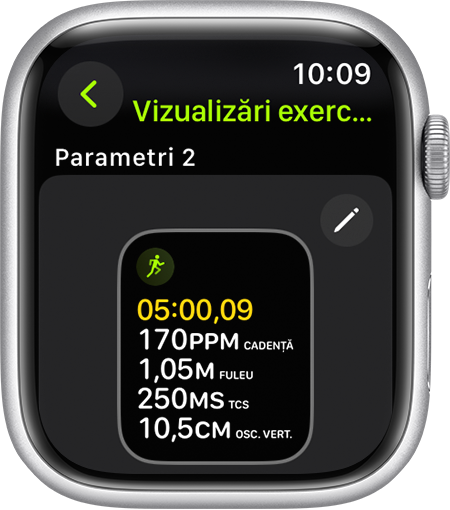 Un Apple Watch care afișează măsurători de alergare în timpul unei alergări.