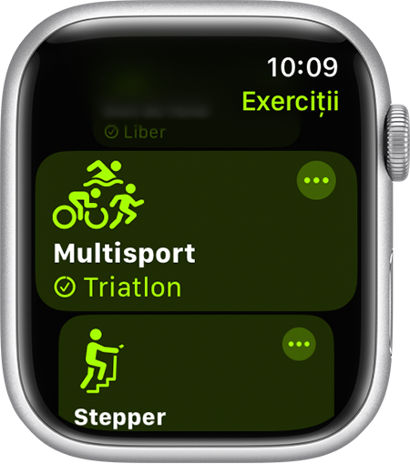 Opțiunea pentru exerciții Multisport din aplicația Exerciții de pe Apple Watch.