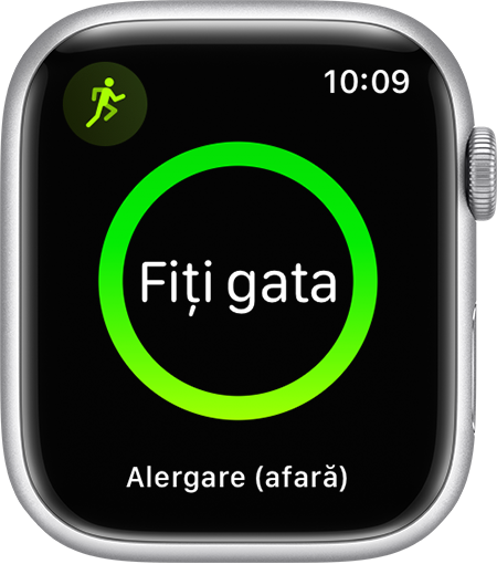  Un dispozitiv Apple Watch afișând începutul unui exercițiu de alergare.