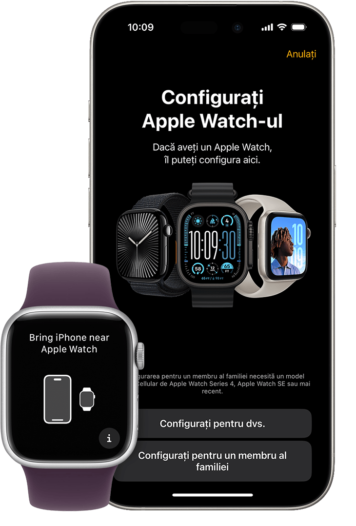 Dispozitive Apple Watch și iPhone afișând ecranele de asociere pe fiecare dispozitiv