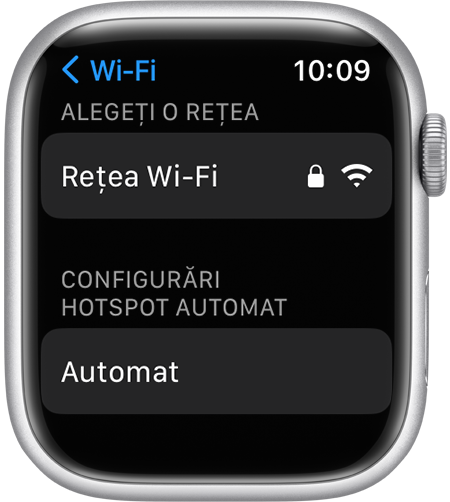Ecranul de configurări Wi-Fi pe Apple Watch afișând opțiunea Configurări Hotspot automat