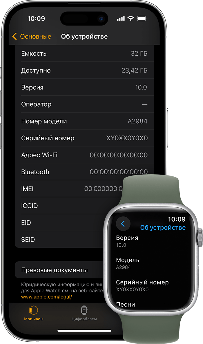 iPhone и Apple Watch, на которых отображаются экран «Об устройстве» и серийный номер