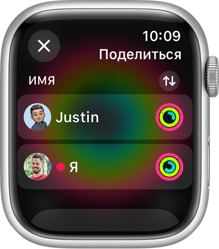 Экран Apple Watch, на котором показаны друзья, которые делятся данными о своей активности