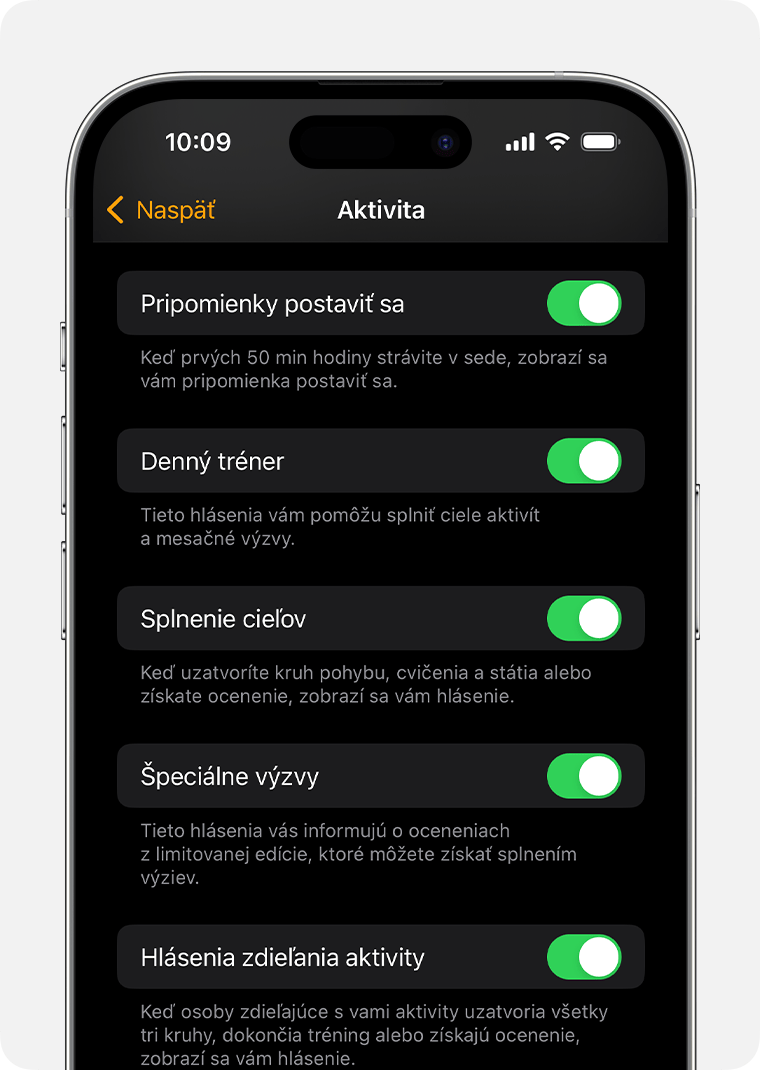 Obrazovka iPhonu s možnosťami hlásení a pripomienok aktivity