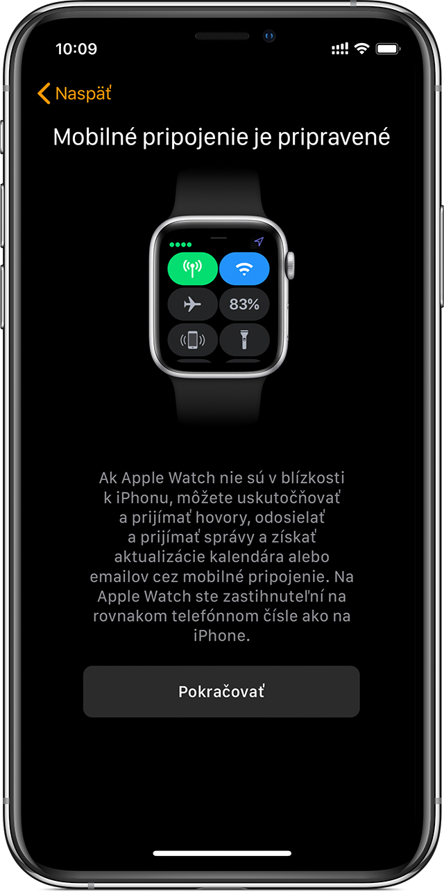 Obrazovka Nastavenia mobilného pripojenia v iPhone s indikáciou, že mobilné pripojenie je v hodinkách Apple Watch pripravené na použitie.