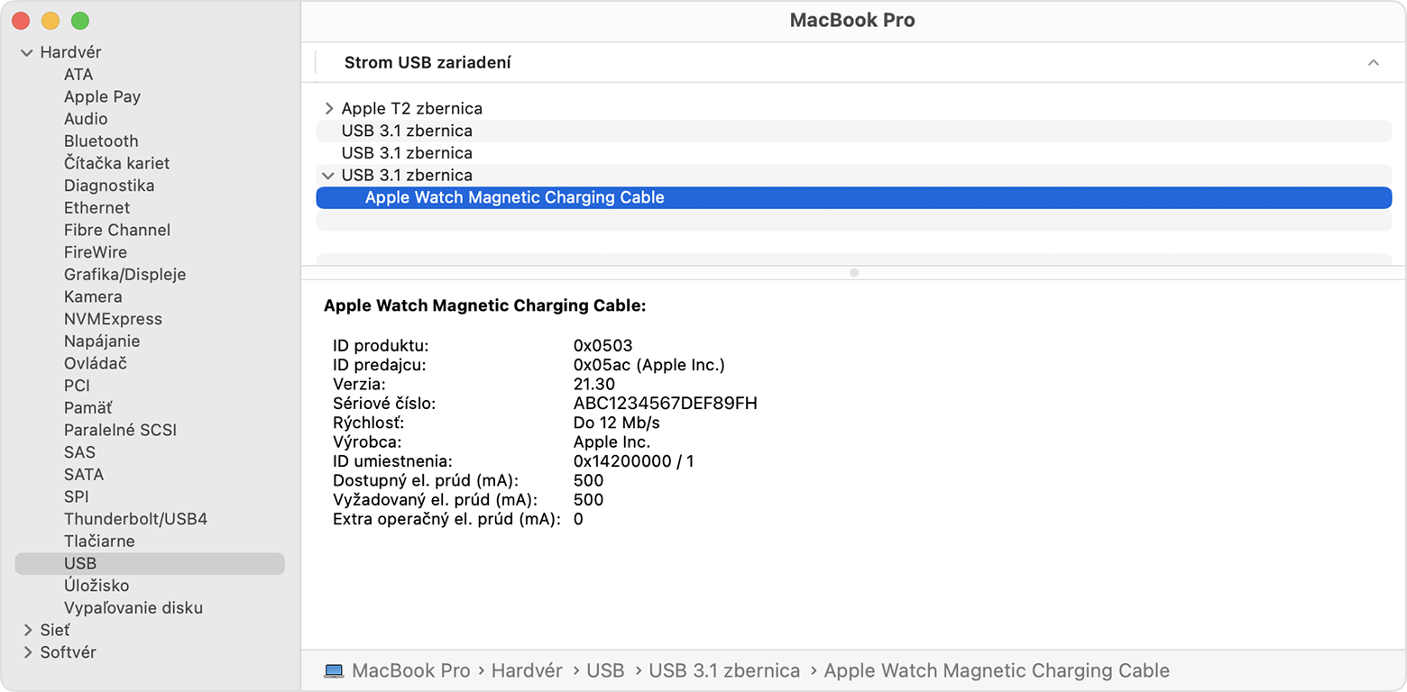 Hlásenie o systéme na MacBooku Pro so zobrazenými podrobnosťami o výrobcovi magnetického nabíjacieho kábla pre hodinky Apple Watch