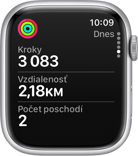 Aktuálne hodnoty pre Kroky, Vzdialenosť a Počet poschodí v apke Aktivita na hodinkách Apple Watch.