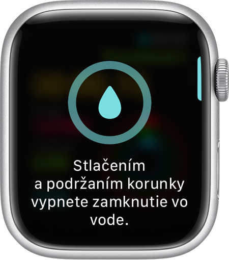 Výzva na vypnutie režimu Zamknutie vo vode na displeji hodiniek Apple Watch