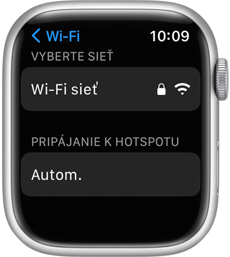 Obrazovka nastavení Wi-Fi na Apple Watch s možnosťou Pripájanie k hotspotu
