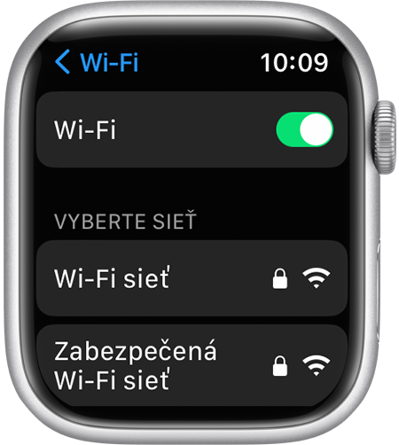 Obrazovka nastavení Wi-Fi na Apple Watch
