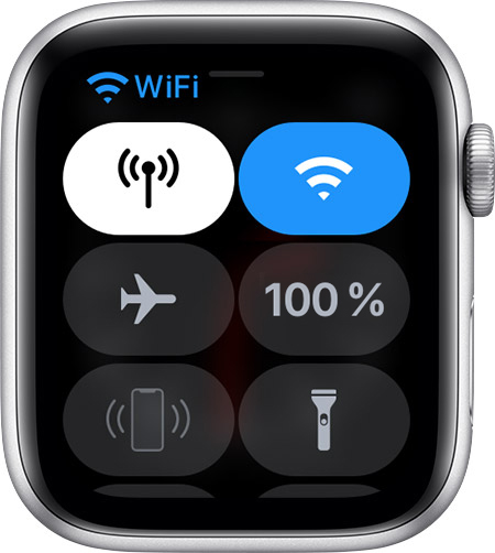 Ovládacie centrum na hodinkách Apple Watch so zobrazením existujúceho pripojenia hodiniek k Wi-Fi sieti.