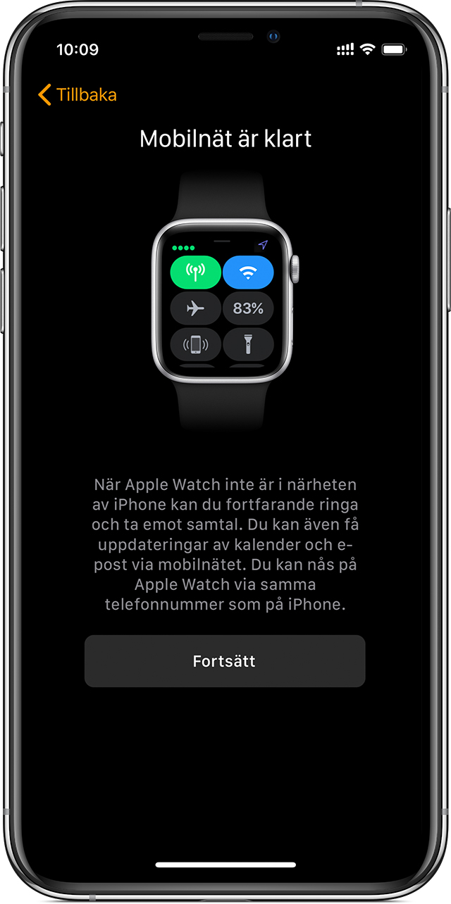 Inställningsskärm för mobilnät på iPhone som visar att mobilnät är redo att användas på din Apple Watch.