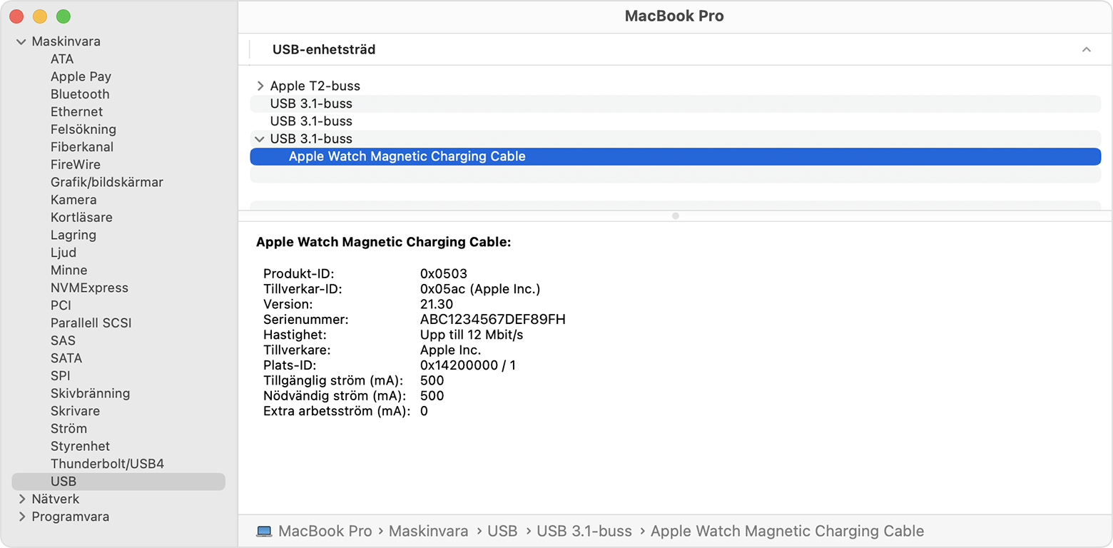 Systemrapport i en MacBook Pro som visar tillverkarens detaljer om Magnetisk laddningskabel till Apple Watch