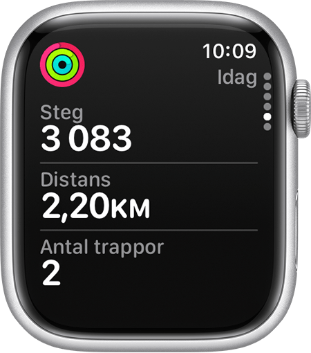 Aktuella steg, avstånd och antal trappor i aktivitetsappen på Apple Watch.