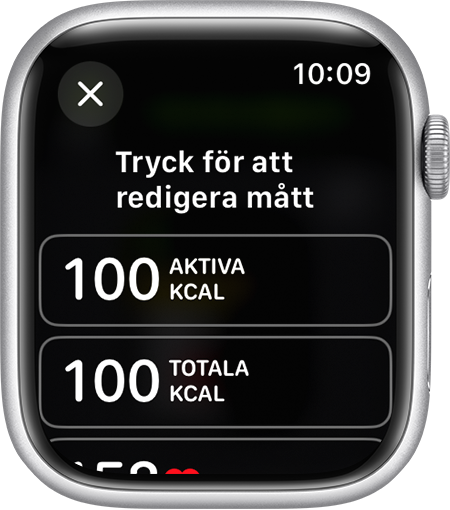 De mätvärden som finns tillgängliga för att redigera för en träningsvy på Apple Watch.
