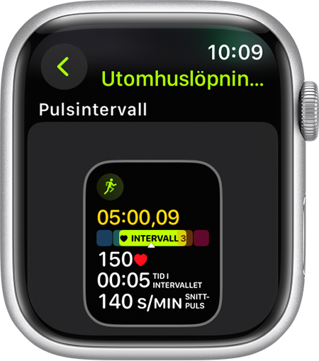 En Apple Watch som visar mätvärdet för pulsintervall under ett löppass.