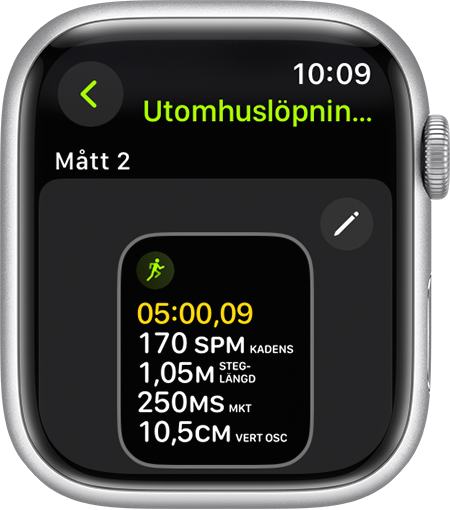 En Apple Watch som visar statistisk löpform under en löptur.
