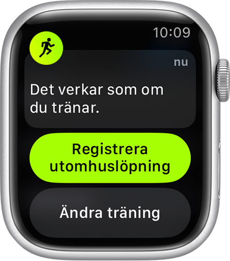 En påminnelse om att börja registrera ett utomhuslöpningspass på Apple Watch.