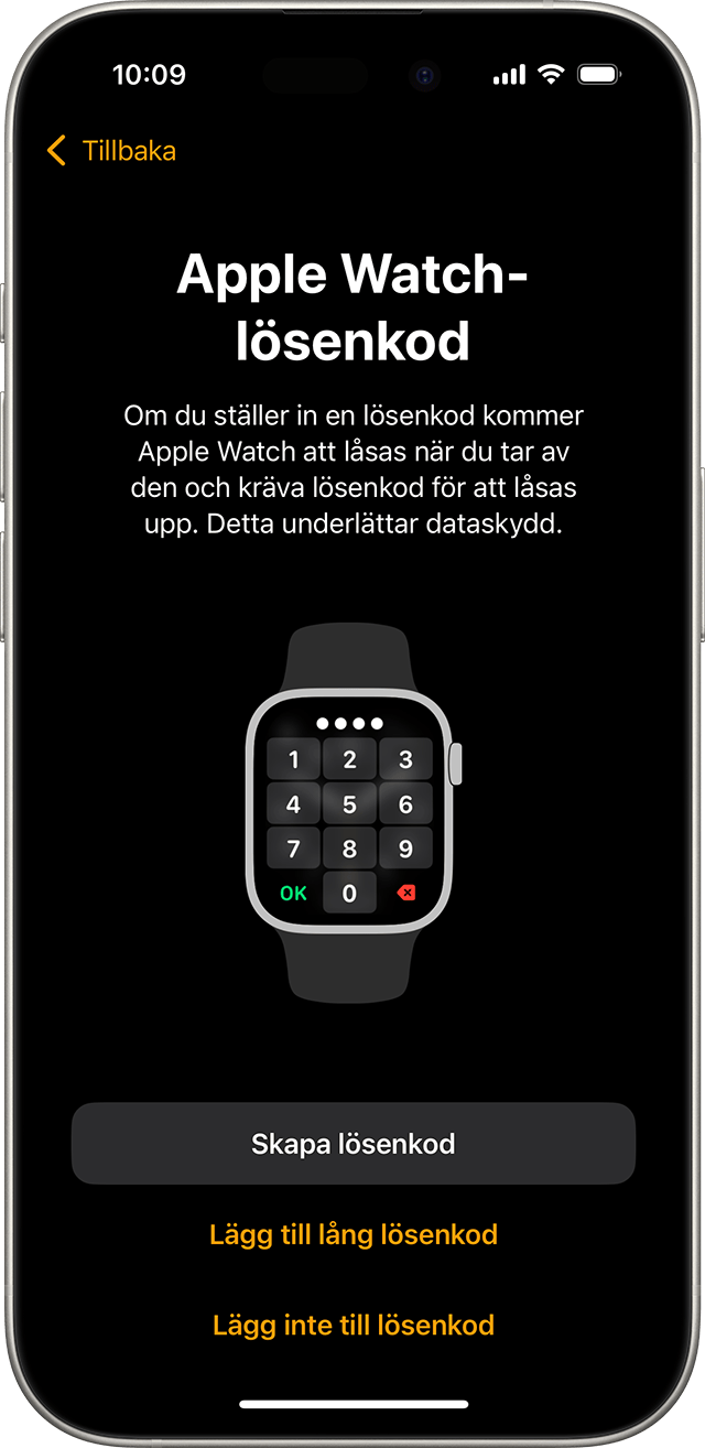 iPhone som visar inställningsskärmen för Apple Watch-lösenkod