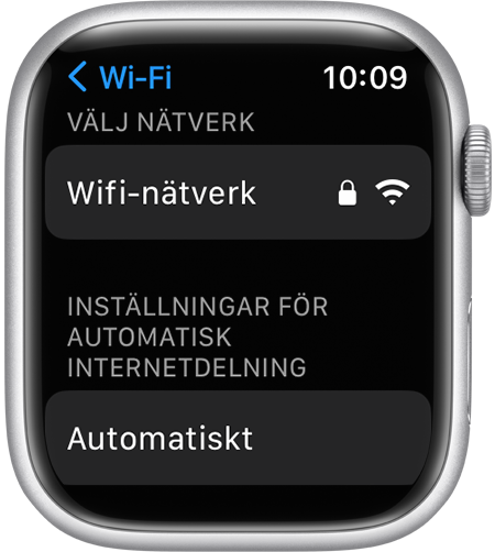 Skärmen Wi-Fi-inställningar på en Apple Watch som visar alternativet Inställningar för automatisk internetdelning