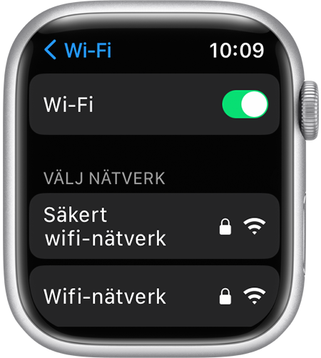 Skärmen Wi-Fi-inställningar på en Apple Watch