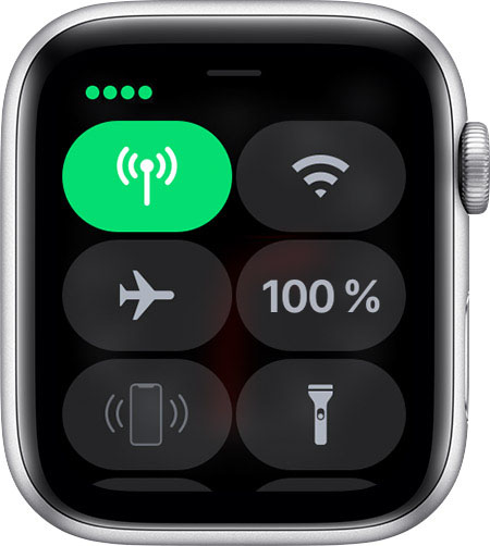 Kontrollcenter på Apple Watch visar fyra gröna prickar.
