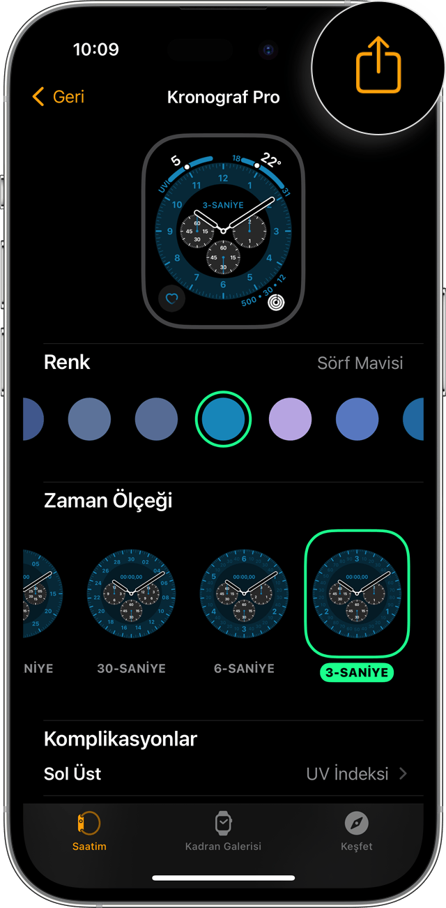 Saat kadranı seçimi ekranında Paylaş düğmesini gösteren, iPhone'daki Watch uygulaması